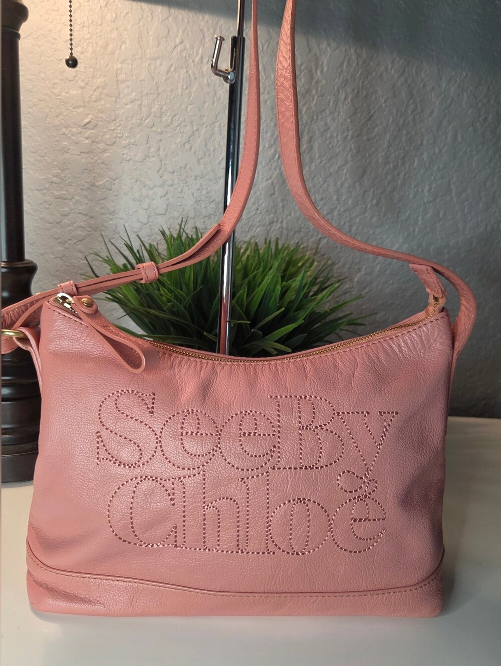 See By Chloe Embroidered Logo Pink Leather Shoulder Bag Satchel Hobo Handbag